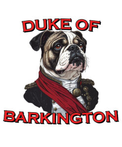 Illustration of a noble pug dressed as a duke, wearing a red sash, a velvet coat, and a monocle, exuding charm and authority.