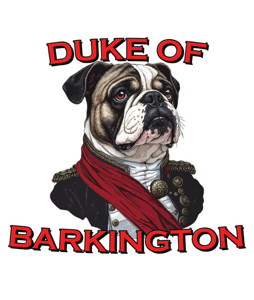 Illustration of a noble pug dressed as a duke, wearing a red sash, a velvet coat, and a monocle, exuding charm and authority.