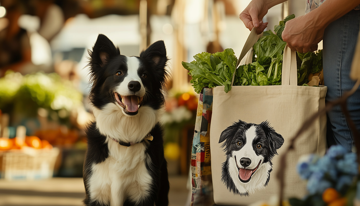 Border Collie sitting by its owner at a farmer's market, next to a custom tote bag featuring the dog's portrait.