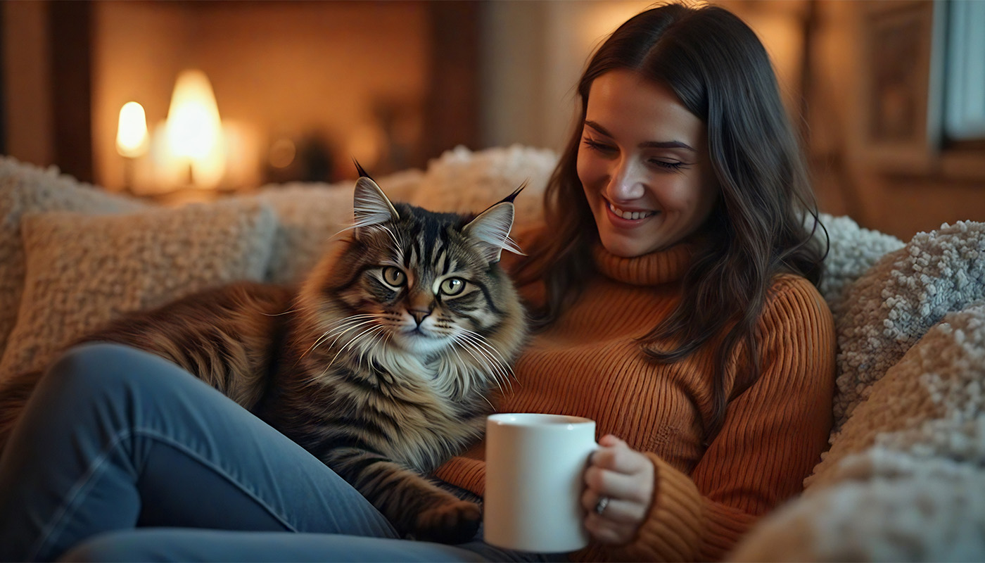 Maine Coon cat sitting on a couch beside its smiling owner, who is petting the cat in a cozy living room setting.