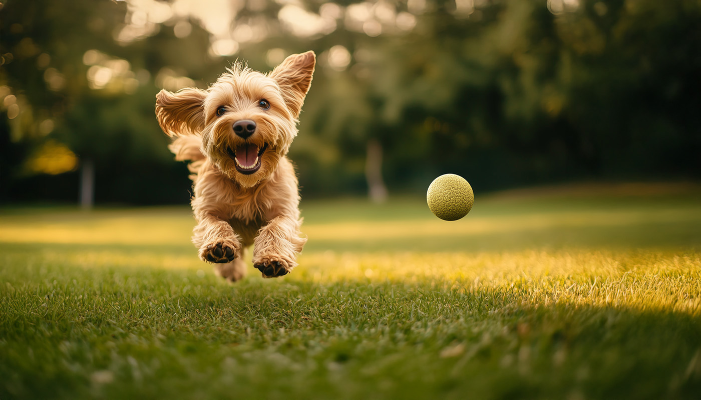 Excited dog chasing a bright orange ball in a sunny park, showcasing playtime fun and energy