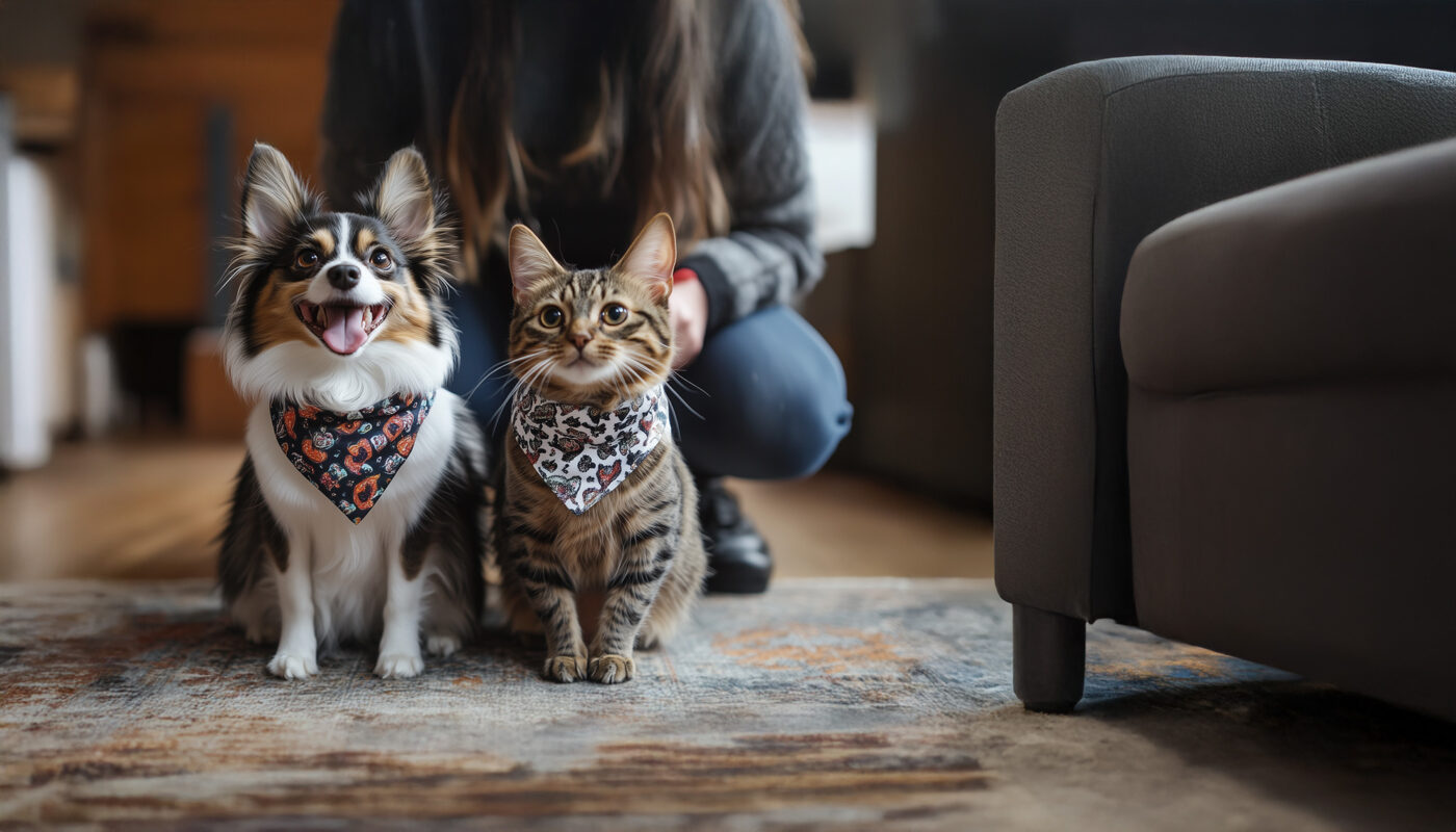 A Papillon and a tabby cat sit side by side indoors, wearing bandanas, as their owner crouches beside them, smiling and holding a leash and a toy.