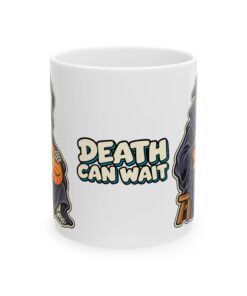 Alternative view of DEATH CAN WAIT Cat & Grim Reaper Graphic Mug