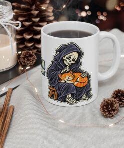 DEATH CAN WAIT Cat & Grim Reaper Graphic Mug - Image 4