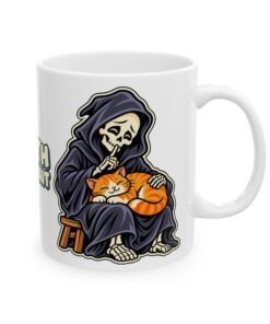 DEATH CAN WAIT Cat & Grim Reaper Graphic Mug