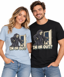 IN OR OUT? Cat & Grim Reaper Graphic T-Shirt