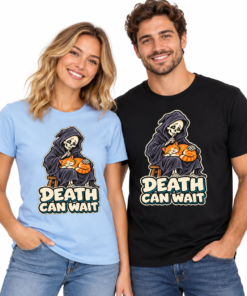 DEATH CAN WAIT Cat & Grim Reaper Graphic T-Shirt
