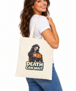 DEATH CAN WAIT Cat & Grim Reaper Graphic Tote Bag - Image 5