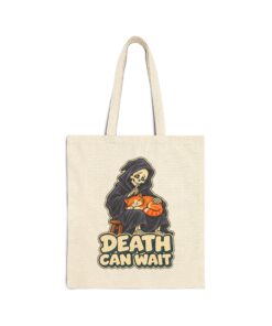 DEATH CAN WAIT Cat & Grim Reaper Graphic Tote Bag