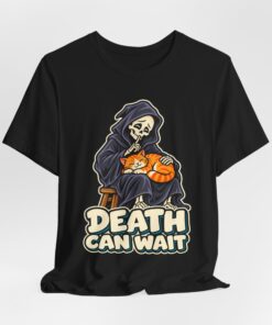 DEATH CAN WAIT Cat & Grim Reaper Graphic T-Shirt - Image 9