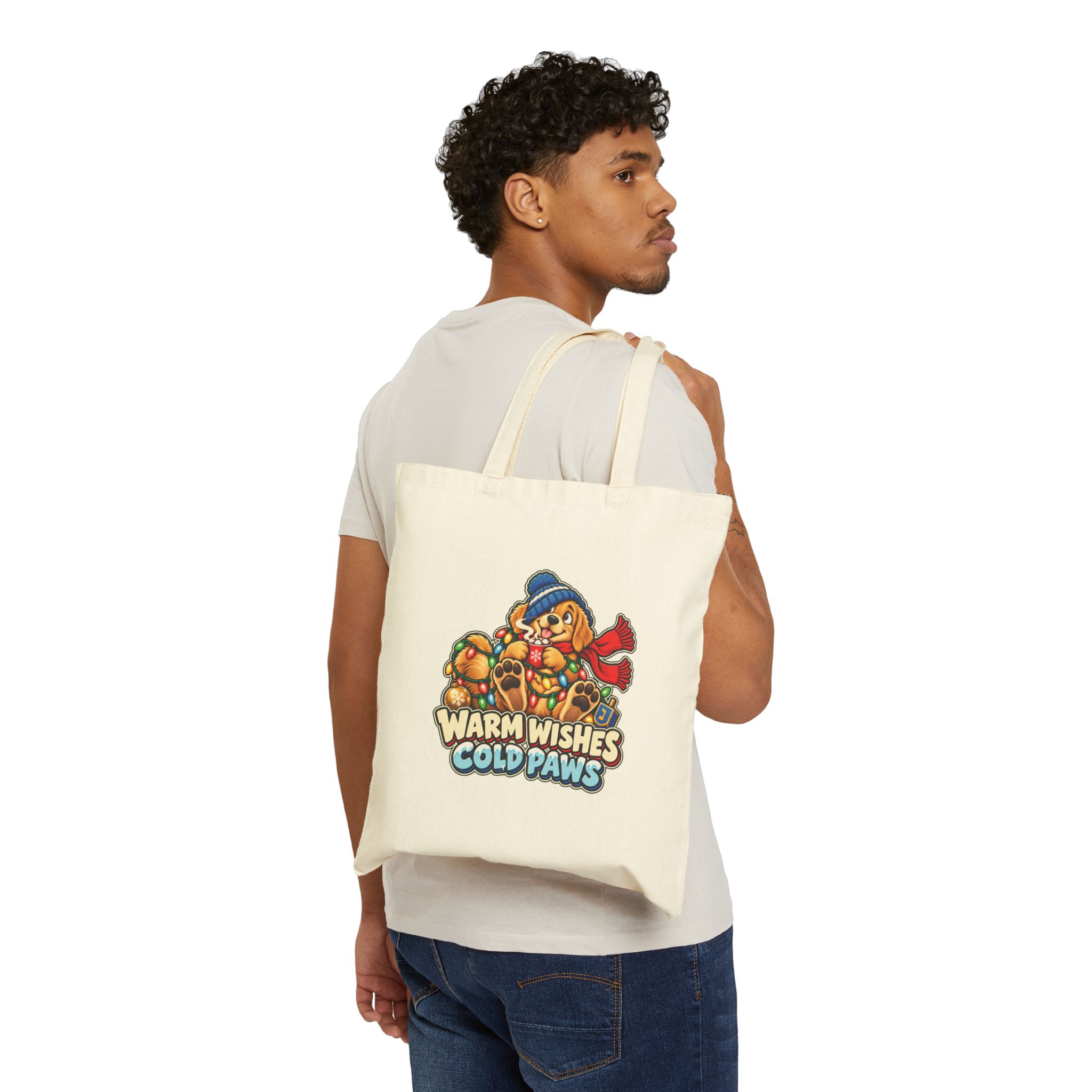 Holiday Golden Retriever Cotton Canvas Tote | Warm Wishes Cold Paws - Image 3